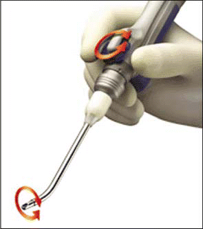 Figure. Rotating-tip curved blades in Medtronic's microdebrider allow medial and lateral cutting in the frontal sinus and more complete removal of polyps and mucin in the maxillary sinus.