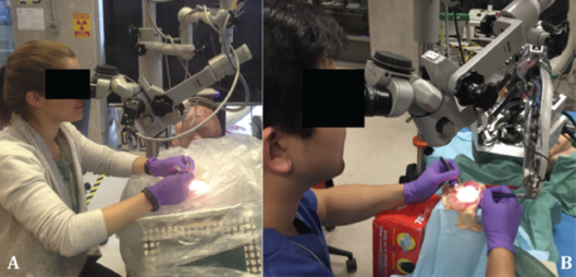 (A) Experimental setup for freehand microvascular anastomosis trials; (B) experimental setup for Robotic ENT Microsurgical System-assisted microvascular anastomosis trials. © The American Laryngological, Rhinological and Otological Society, Inc.