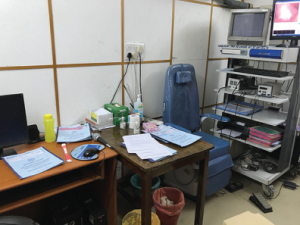 Dr. Yalamanchali’s clinic room for conducting audiograms using portable audiometry.