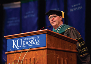 Chancellor Girod speaks to students and faculty during convocation at the University of Kansas.
