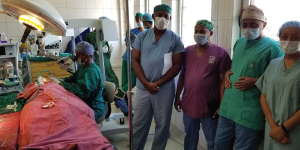 Ethiopian otologists and otology fellows at Black Lion Hospital in Addis Ababa. (L–R) Dr. Muluken Bekele operating, Dr. Asnake Bitew, Dr. Endalkachew Kibret, Dr. Nebiat Teferi, and Dr. Bilen Korra.