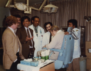 Dr. Shaha, center, leading teaching rounds with his residents and medical students while chief of head and neck surgery at the Veterans Affairs Hospital in Brooklyn, N.Y., in 1988.