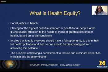 Dr. Shannon Fayson presenting on Health Equity Advocacy, along with Dr. David J. Brown, at University of Michigan's Virtual Subinternship on June 13, 2020. Photo by Ramsha Akhund.