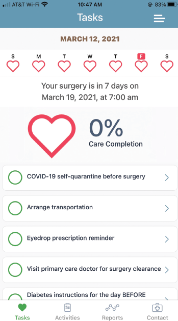 Figure 1. A screen shot of the SHARP help companion app currently used in ophthalmology. Dr. Holtel is adapting the app to his otolaryngologic practice by using the APPLE CareKit (www.researchandcare.org/carekit).