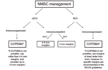 Figure 1. Management of NMSC based on the National Comprehensive Cancer Network guidelines. BCC = basal cell carcinoma; CCPDMA = complete circumferential peripheral and deep margin assessment; cSCC = cutaneous squamous cell carcinoma; NMSC = nonmelanoma skin cancer.