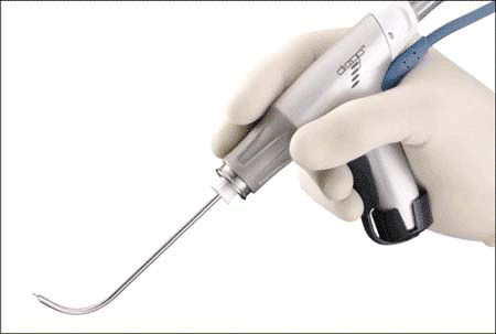 Figure. The microdebrider from Gyrus ENT features a 360-degree revolving nosecone and an ergonomically engineered handpiece to facilitate precise surgery.