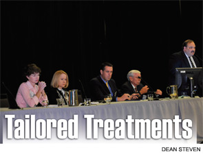 Panelists at the session, “Management Options for Unilateral Vocal Fold Paralysis: Making Sense of It,” on Jan. 28. From left to right: Gaelyn Garrett, MD, Gayle Woodson, MD, Clark Rosen, MD, Roger L. Crumley, MD, (moderator) and Randy Paneillo, MD.