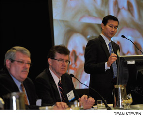 Stephen Park, MD, speaking at the session, “The Nasal Valve and Functional Rhinoplasty,” on Jan. 28. W. Russell Ries, MD, and William Shockley, MD, are seated to the left, respectively.